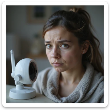 close-up hyperrealistic 4K image of new mother with dark circles, staring at baby monitor, anxious and tired, nursery background full of safety devices, detailed and safe atmosphere sticker