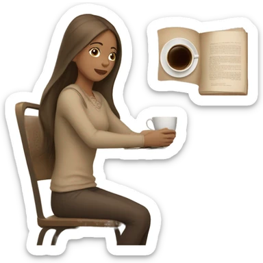 A girl at a table with a laptop. A a cup of coffee on the left side of the table. Books on the right side of the table. in beige tones sticker