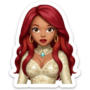 LaTavia Robeson from Destiny's Child with long dark red hair, cream sequin outfit sticker