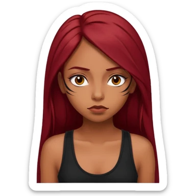 a brown girl with straight long dark red hair, black tank top, eyeliner on. Looking sad sticker