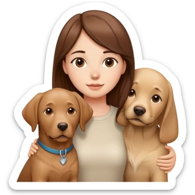 girl with straight brown hair next to a beige Labrador dog sticker