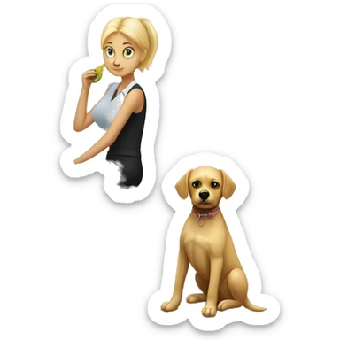 Small black dog sitting in an office with a pretty blonde woman waiting for lunch sticker