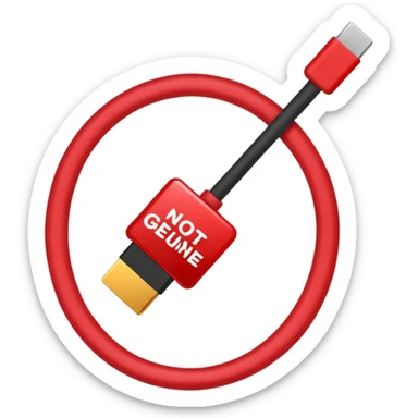 a red slash over a cable with with the text "NOT GENUINE" sticker