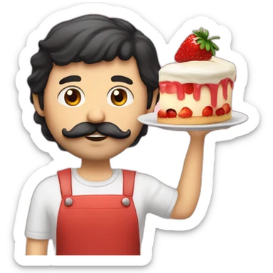 a guy whith black hair white skin a growing beard and a moustache eating a flan patissier whithout strawberry sticker