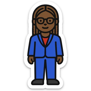 full body emoji of Kemi Badenoch, glasses and braided hair, standing, minimal flat style, transparent background sticker
