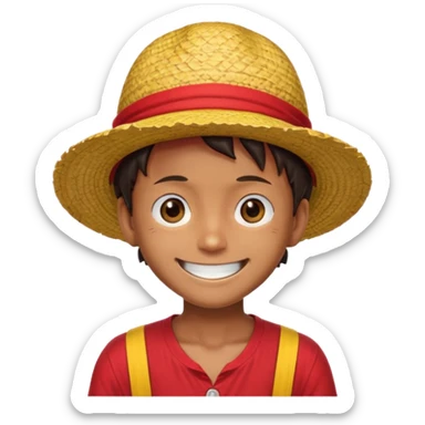 Luffy with a big smile and red shirt with yellow and red straw hat sticker