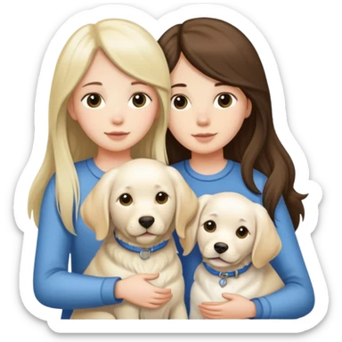 A long-haired girl and a medium-length-haired girl holding a white Labrador sticker
