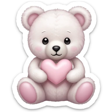 White teddy bear holding a light pink heart sticker