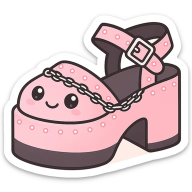 Add a gradient effect from black to pastel pink on the platform sandals with silver studs and chains, kawaii style, no socks, no hearts, transparent background sticker