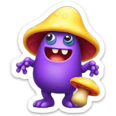 Purple monster with a yellow had and in his hand a mushroom sticker