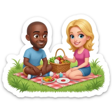Black man with shaved head having picnic with blonde woman sticker
