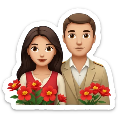 Couple traveling in Montenegro russian man and elegant  Latina girl delicate flowers and mountains in the background  sticker