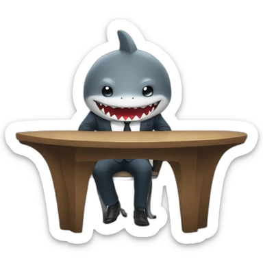 A shark sitting at a table wearing a suit looking straight ahead sticker