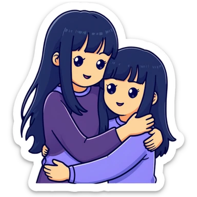 two white girls with long black hair hugging each other, one with bangs sticker