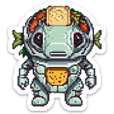 a cyborg robotic salmon who's body is made from a filled crunchy taco, with lettuce salsa meat and cheese. he is fish taco bot man his face and head, tail, and fins are metallic robotic construction, he has a slit visor across his face where his eyes should be like cyclops sticker