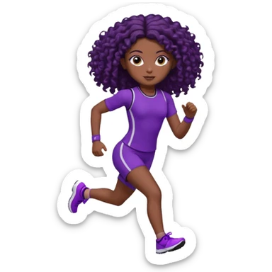 Uma boneca morena escura com olhos castanhos e cabelo cacheado longo até o peito, treinando correndo a roupa roxa com detalhes preto sticker