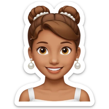 Light brown skin girl, brown hair in bun, smiling, white tube top, pearl earrings sticker