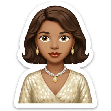 Marian Anderson with dark brown wavy hair, ivory sequin outfit sticker