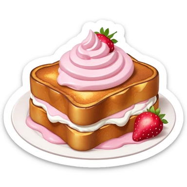 French toast with strawberry on top and pink whipped cream sticker