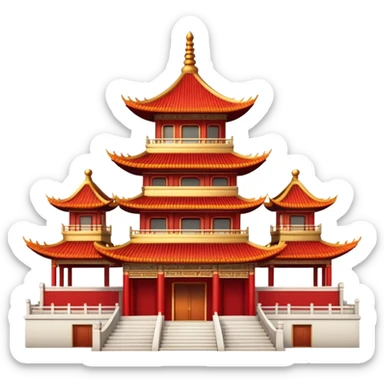 Traditional Chinese architecture with pagoda roofs, red columns, ornate details sticker