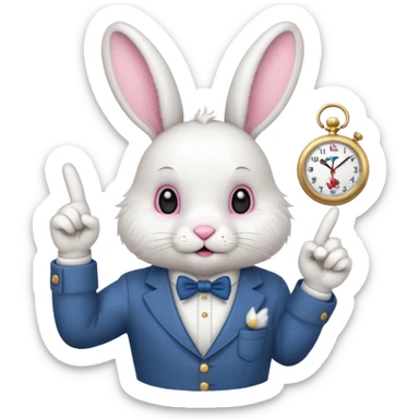 white bunny with a clock on his hand signaling the clock with his finger sticker