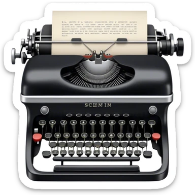 Create an emoji representing screenwriting. The design should feature an open script with visible dialogue and action lines, symbolizing the writing of a screenplay. Include a classic typewriter or a modern writing device, such as a laptop, to signify the process of creating a script. Add a vintage film camera next to the script to emphasize the cinematic aspect of screenwriting. Use a professional color palette with black, white, and subtle metallic tones. Do not include any emojis or smiley faces. Make the background transparent. sticker