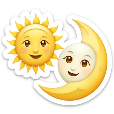 a really bright  big sun and a small moon who shines because of it. the sun is bigger and the tiny \moon bright too beside it smiling looking at each other sticker