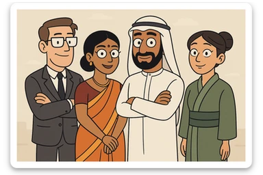 A culturally diverse team of professionals, each wearing attire representing different global cultures, standing together, modern illustration style sticker