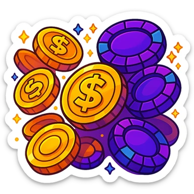 Add an animated effect such as coins spinning or sparkling to the golden coins and casino chips emoji, keeping the Twitch style. Maintain transparent background. sticker