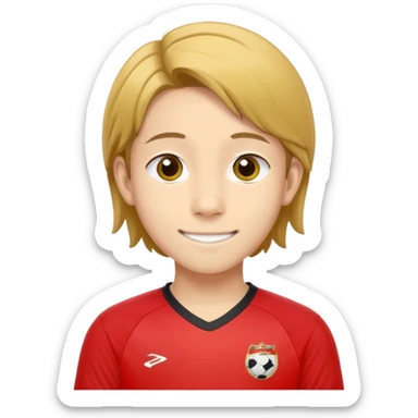 - Nam
- 15 tuổi
- Da vàng
- Tóc nâu ngang vai, vén mang tai
- Mặt bình thường, Cười mỉm, Mắt to, mũi to
- Áo bóng đá màu đỏ
 sticker
