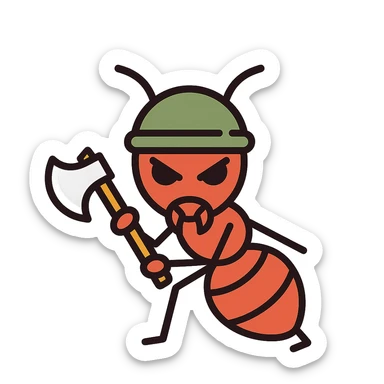 scary looking ant holding a viking axe and wearing a military helmet sticker