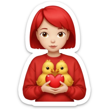 una niña con el pelo corto, con la sudadera de forma de pollito sujetando un corazón sticker