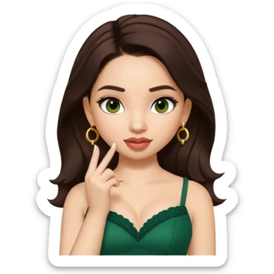 pretty bratz genmoji that looks like tamannah bhatia (bollywood actress), wearing a dark green sweetheart neckline top, dark brown hair, light makeup, no necklace, dangly earrings, side hair part, fair. dark brown eyes


Show her licking her finger  sticker