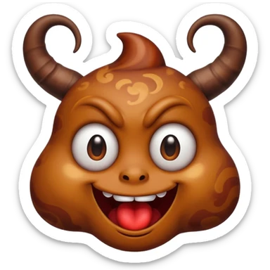 devil poop emoji with mischievous expression, small horns, brown swirled shape, playful and cheeky sticker