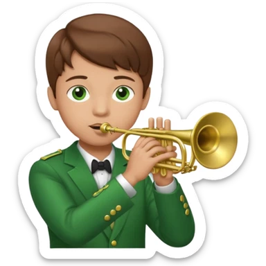 young boy with brown hair, green eyes who plays a trumpet sticker