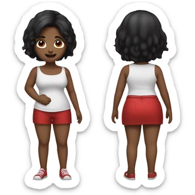 a girl with black hair red eyes big belly and wide back with takis in hand sticker
