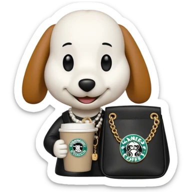 snoopy in a desk with starbucks and his chanel purse sticker