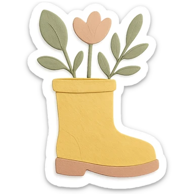 rain boot with plants growing out, gentle earthy tones, soft pastel colors, paper craft style sticker