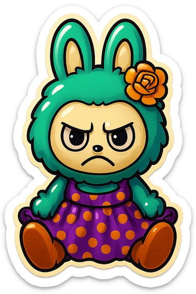 Change the teal bunny character's face to an angry, frowning expression, maintaining the retro stickers style. Transparent background. sticker