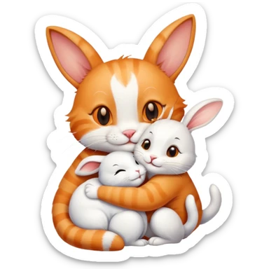 Smiling cat hugging a rabbit friend sticker