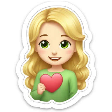holding a heart in her hands, drawing of a little blonde girl with green eyes, smiling sweetly, sticker for telegram, cutie, cute illustration, with hyperdetals, cute art sticker