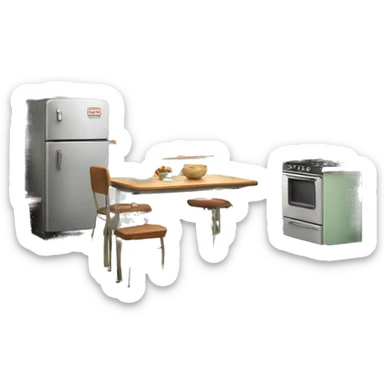 Realistic retro vintage kitchen with counters and cabinets. sticker