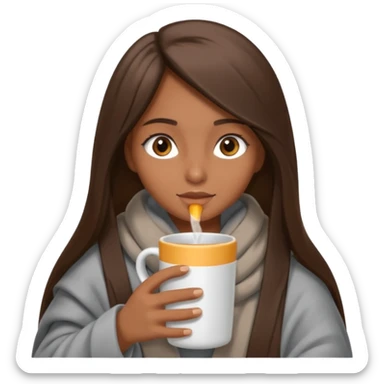 A girl with brown eyes, an ios emoji, long straight hair, wrapped in a gray blanket, and drinking from a New Year's mug sticker