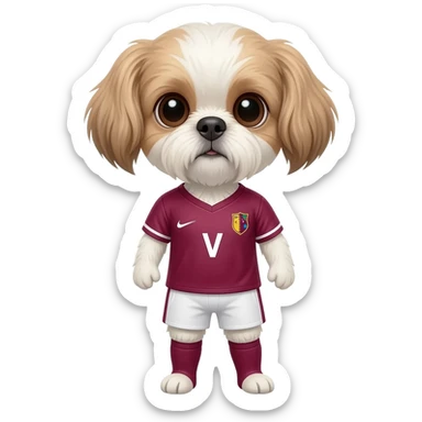white and light brown shih zhu wearing a Qatar soccer jersey v neck 2026 work cup sticker