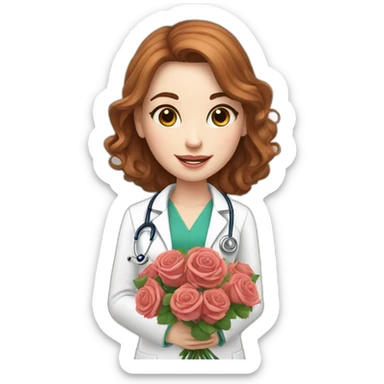Pale skin doctor girl, chestnut hair, with a bouquet of roses sticker