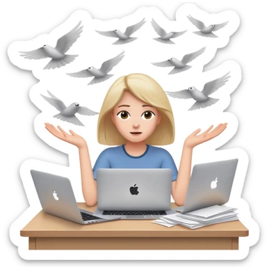 tired woman sitting at a desk with a MacBook, holding her arms out to the side, surrounded by flying papers sticker