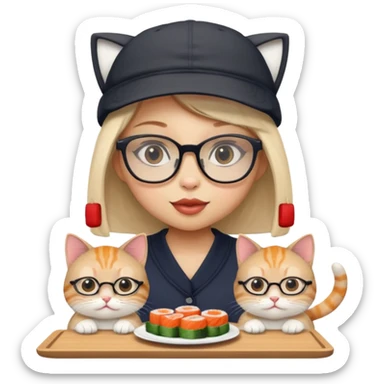 cute girl cat with really big square glasses with super thin frames eating sushi with a boy cat wearing a san antonio spurs cap sticker