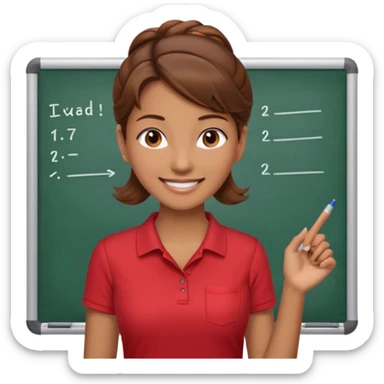 Happy instructor female brown hair whit board hair up red shirt sticker