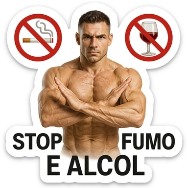 bodybuilder avoiding smoking and alcohol to prevent skin sagging, hyper realistic style, defined muscles, prohibition symbols on cigarette and glass, text 'Stop Fumo e Alcol', healthy atmosphere, white background sticker