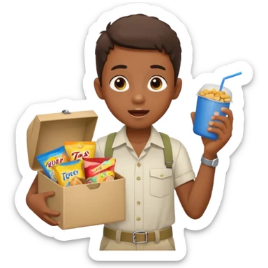 A young vendor boy with a snacks box strapped to his chest, calling out loudly. sticker